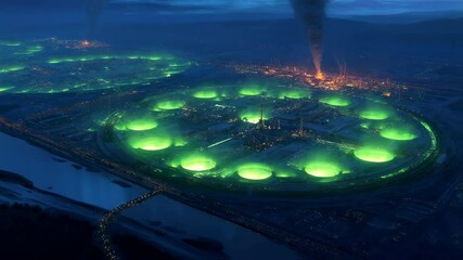 Poster - Green energy illuminates futuristic circular power plant structures at night, emitting a plume of smoke, showcasing innovative industrial technology
