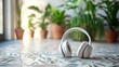 © ArmStrong☠ - White headphones rest on a patterned floor amidst indoor plants.