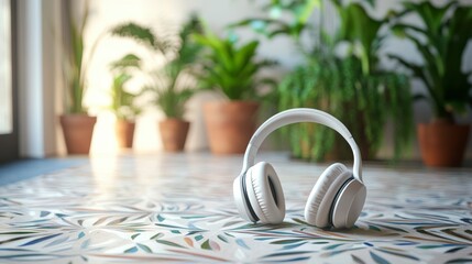 Poster - White headphones rest on a patterned floor amidst indoor plants.