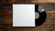 © Face Off Design - A vinyl record mock up, plain, blank, white sleeve on a rustic wood backdrop