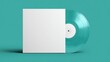 © Face Off Design - A teal green vinyl record mock up, plain, blank, white sleeve on a teal backdrop