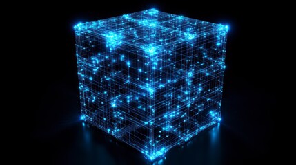 Fototapete - Glowing blue digital cube structure, abstract technology concept.