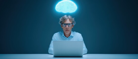 Poster - Exploring cognitive potential a professional engaged with technology in a dimly lit workspace reflecting innovation and insight