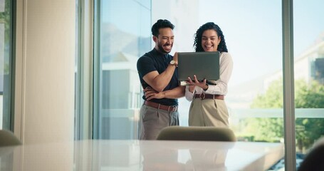 Poster - Business people, laughter and teamwork with laptop, conversation and advice for report. Employees, copywriting and journalist in office with man, woman and feedback with internet and funny review