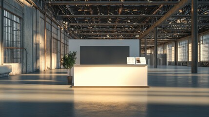 Poster - Modern reception desk in a large industrial-style building with sunlight streaming through large windows.