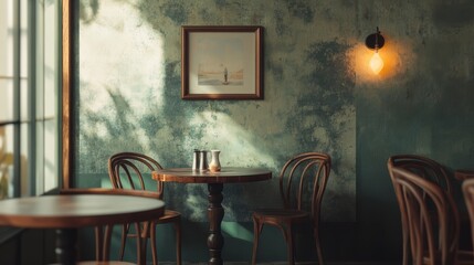 Poster - Sunlit cafe interior with wooden tables, chairs, and textured walls.