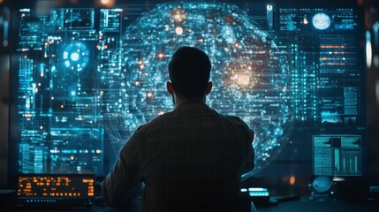 Fototapete - Man viewing global network data on large screens.