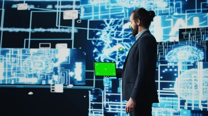 Poster - Business manager uses mockup screen next to AI neural networks, working with machine learning and cloud computing systems. Young man implementing artificial intelligence. Camera B.