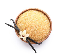 Wall Mural - Bowl with aromatic vanilla sugar, flower and sticks on white background