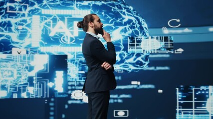 Poster - Tech savvy businessman employing AI brain data visualization, exploring algorithmic thinking and machine learning through neural networks system. Virtual intelligence in the digital age. Camera B.