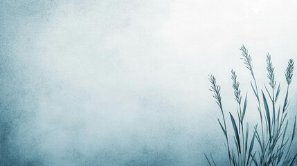 Poster - Serene and Tranquil Background Featuring Delicate Grass Silhouettes Against a Soft Blue Gradient with Light Textures and Atmospheric Feel