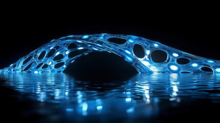 Fototapete - Abstract glowing blue structure arching over water, reflecting light.