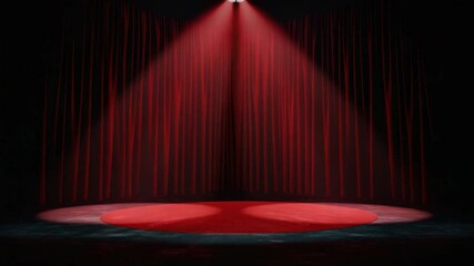Poster - Dramatic Red Spotlight Illuminates Empty Stage with Velvet Curtains for Theatre or Performance Art 4k video footage