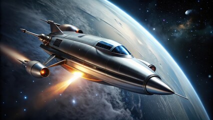 Wall Mural - Futuristic Spaceship Ascending Through the Atmosphere, Leaving a Trail of Fiery Exhaust, a Stunning View of Planet Earth Below
