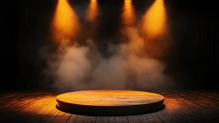 Poster - Empty stage with wooden round platform and dramatic lighting effects creating an atmospheric performance setup 4k video footage