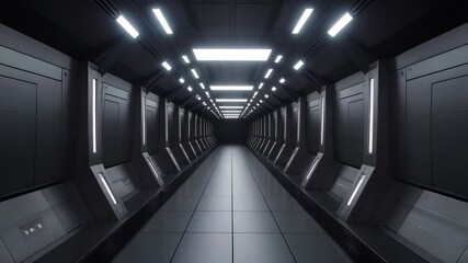 Poster - Futuristic interior corridor with repeating elements and artificial lighting, creating a sterile, modern environment in a dark color palette.