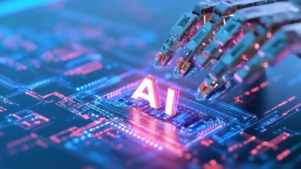 Poster - AI Era: A robotic hand connects to a circuit board, highlighting the convergence of technology and artificial intelligence.