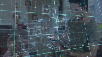 Poster - Man swiping tablet initiating holographic grid while woman typing on laptop analyzing data for tech