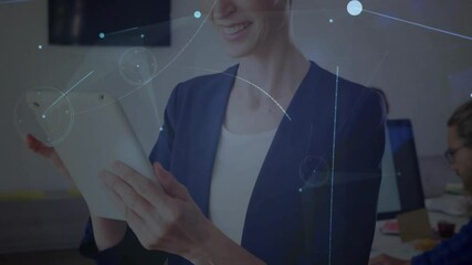 Poster - Woman tapping tablet for business data visualization while network lines sweeping across office