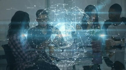 Poster - Colleagues sharing tablet, initiating rotating network globe projection during business meeting