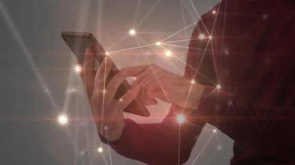 Poster - Adult male holding device and tapping screen, causing tech network overlay visualizing data flow