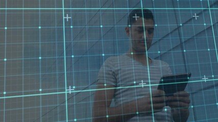 Aufkleber - Man using tech, raising and tapping tablet as cyan grid fading in, scrolling, updating spatial data