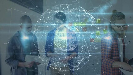 Poster - Team reading sheets initiating hologram globe projection with tablet for business data analysis
