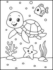  Cute Sea Turtle Coloring Page for Kids – Printable Black and White Underwater Line Art with Fish, Starfish, and Ocean Scene
