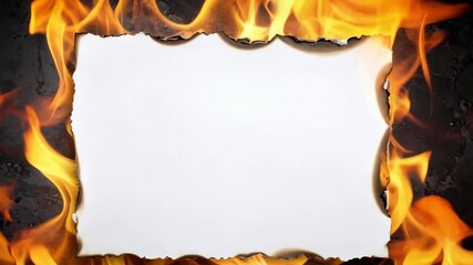 Poster - Burning paper with ripped edges surrounded by intense orange flames on dark textured surface provides dramatic backdrop.