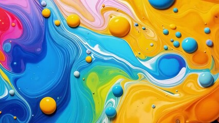 Poster - Dynamic and vibrant abstract flow painting with blending colorful liquids and floating spheres for use as a creative background
