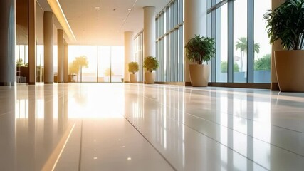 Poster - Bright and luxurious lobby with shiny tile floors, white columns and large windows overlooking palm trees, interior design element