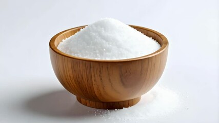 Poster - Wooden bowl filled to the brim with granulated white salt on seamless white background in bright studio light for cuisine concepts