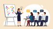 © GraphicsWorld - Business Workshop Concept. Vector cartoon illustration of a group of diverse people sitting at a table with a woman standing in front of them next to a board with stickers. Isolated on background