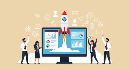 Business Startup Concept. Vector cartoon illustration of rocket launch against background of monitor with graphs and a group of watching people. Isolated on background. 