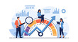 © GraphicsWorld - Benchmark Performance Concept. Vector cartoon illustration of a group of diverse business people engaged in analyzing and comparing the results of measuring indicators. Isolated on background.