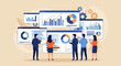 © GraphicsWorld - Business Teamwork Concept. Vector illustration in a flat style of two people discussing a project with an analytics dashboards. Isolated on background