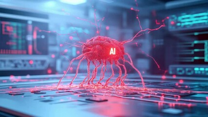 Poster - AI Neuron: A cutting-edge, photorealistic depiction of a neuron in a futuristic laboratory setting. The image captures the essence of innovation.