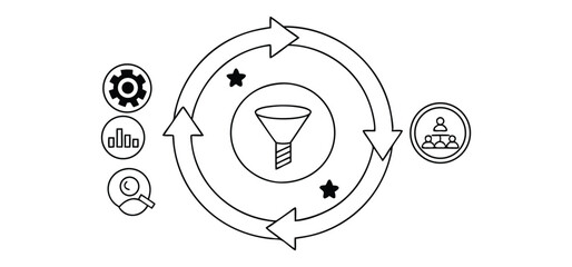Fototapete - Business process flow diagram concept outlining a marketing funnel with gears statistics teamwork and searching icons.