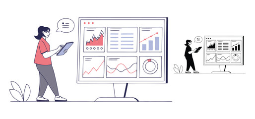 Poster - Businesswoman analyzing financial charts on a desktop computer screen with two-tone modern illustration style for data analysis