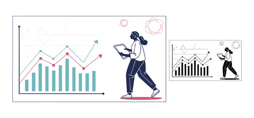 Fototapete - Businesswoman analyzing financial charts presenting growth and data analysis in flat vector style illustration