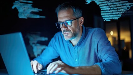Poster - Digital Navigator: A focused individual, illuminated by the glow of a laptop screen, navigates a digital landscape, immersed in the complexities of technology, data, and online activity.