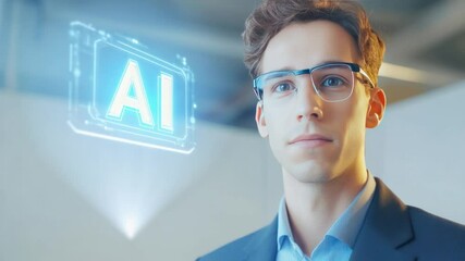 Poster - Vision of Innovation: A visionary individual peers forward, surrounded by a holographic display featuring the letters 