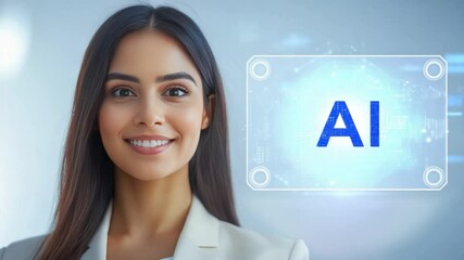 Poster - Smart AI and its Operator: A confident professional woman smiles, standing alongside a digital interface that illuminates 
