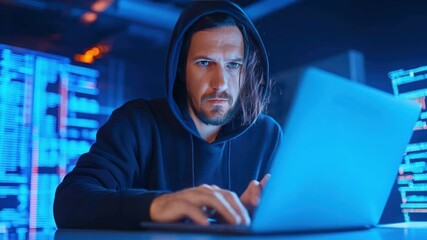 Poster - Cyber Vigilance: An intense, determined individual, cloaked in a hooded garment, delves into a world of coded information.
