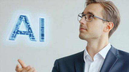 Poster - Intelligent Man and AI: A forward-thinking individual, adorned in elegant spectacles, engages thoughtfully with the digital landscape of artificial intelligence. An inspiring tableau.