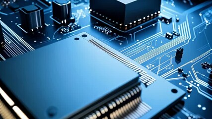 Aufkleber - Close up of a modern blue computer chip on a circuit board, advanced technology for data processing and digital network