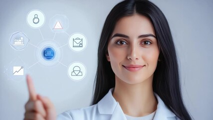 Poster - Visionary's Digital Interface: A young professional interacts with a futuristic, interconnected digital interface, with focused gaze and serene poise.