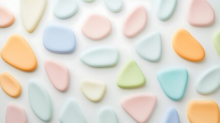 Pastel colored, irregularly shaped stones arranged on a white surface.
