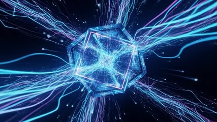 Poster - A luminous hexagonal prism core glows intensely, emanating vibrant blue and pink energy streams that radiate outwards into the dark void, resembling a cosmic nexus or energy source