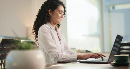 Poster - Thinking, smile or businesswoman with laptop for ideas, account management and finance report. Review, administration or accountant in office with solution for tax compliance, investment and project